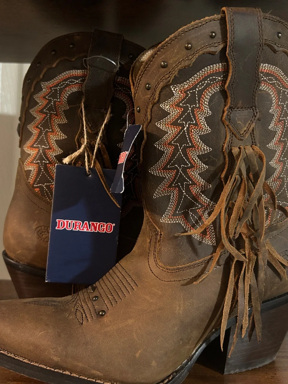 Durango Brown Leather Fringe Western Cowgirl Boots with Embroidered Shaft